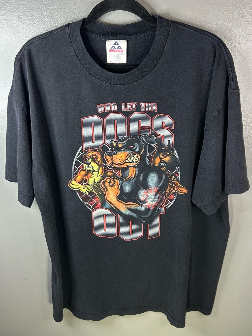 Vintage 90s Who Let The Dogs Out Graphic Black T-Shirt Size XL
